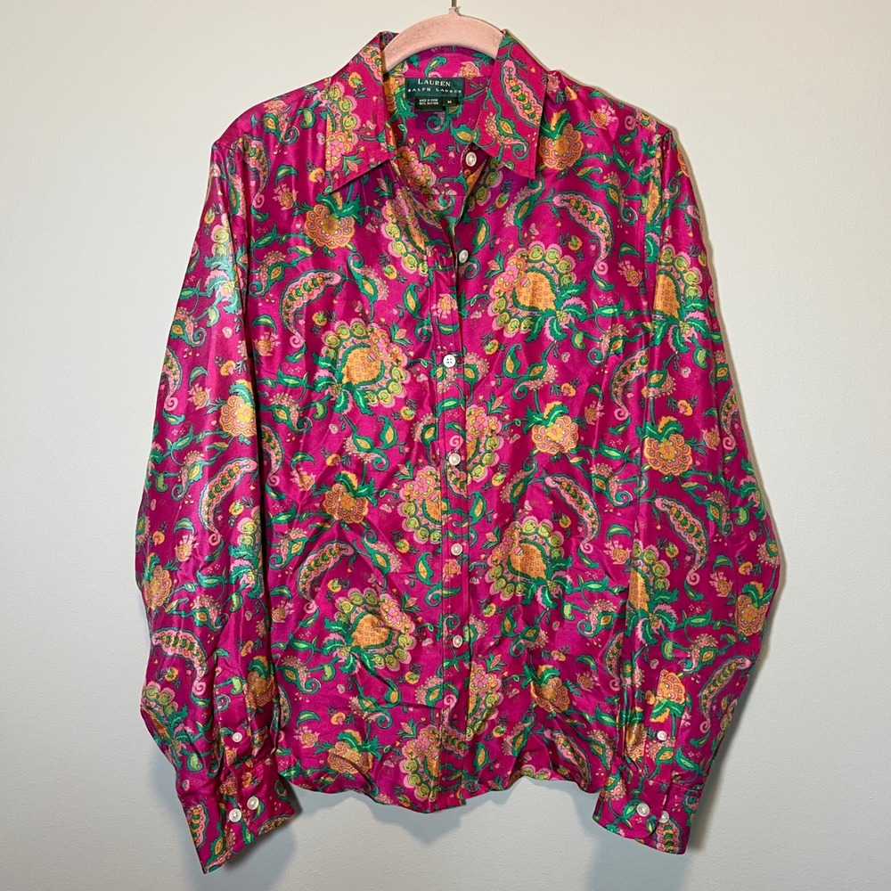 Lauren Ralph Lauren Silk Paisley Floral Button Down Shirt Pink Green Women's M